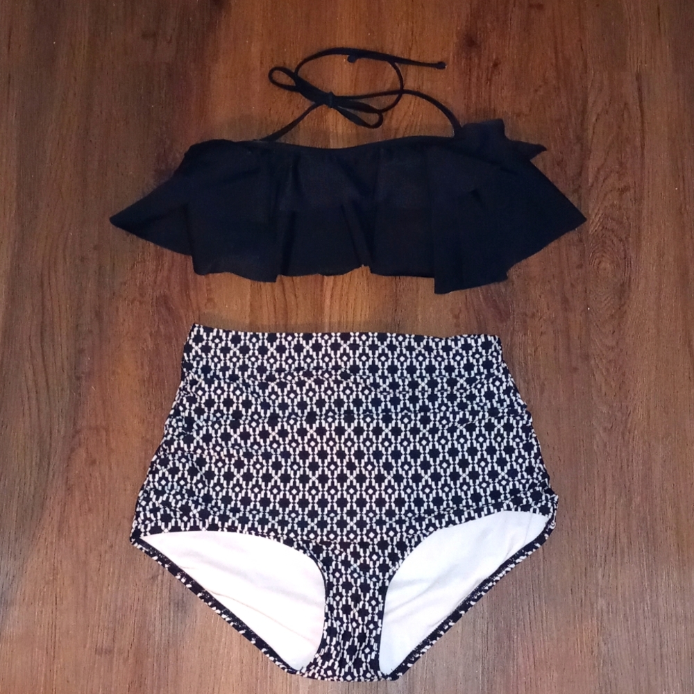 Women's high waisted bikini by coco ship. Black top and black and white bottoms.